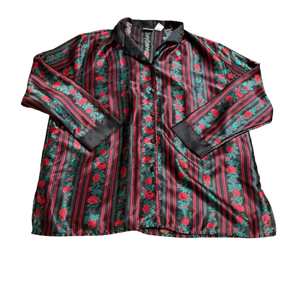 ✨🌹 Delicates Red & Green‎ Rose Stripe Silky Lounge Top XL 🌹✨